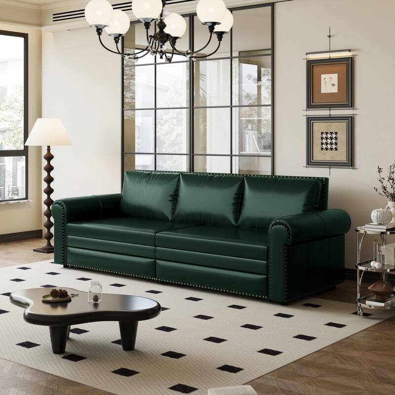 Chesterfield Sofa, 93.7" Faux Leather Convertible Sleeper Sofa Bed, Vintage 3-in-1 Pull Out Couch w/ Nailhead Trim & Rolled Arms