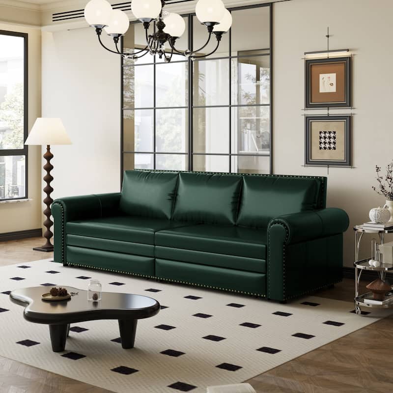 King Pull Out Sofa Bed, 3-in-1 Convertible Leather Sleeper Sofa, Chaise Lounge Daybed with Nailhead Trim & Rolled Arm