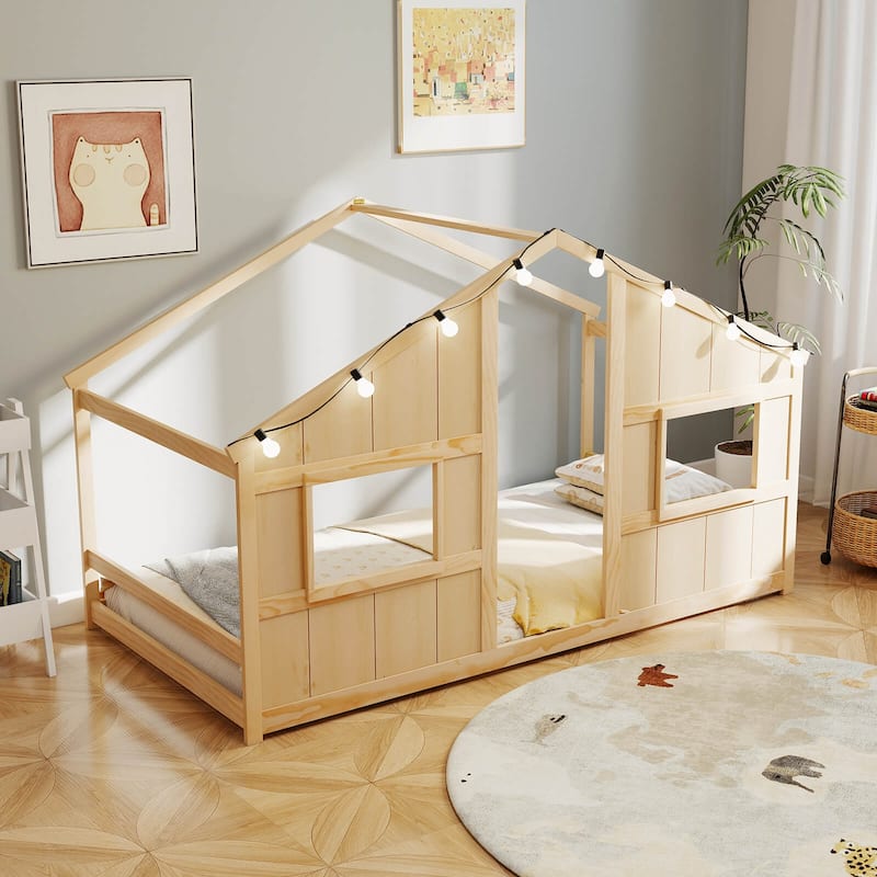 Costway Twin Size House Floor Bed with LED Lights Solid Wood Bed Frame