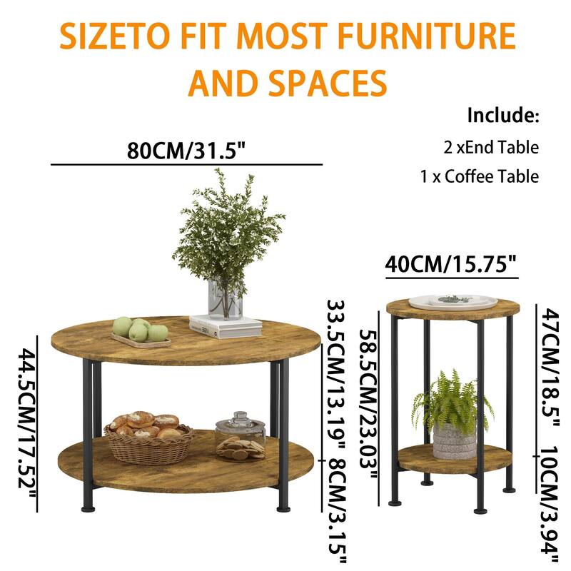 Anmytek Rustic Brown 3 Piece Coffee and End Table Set with Storage Shelves Round Modern Farmhouse Living Room Accent Table Set