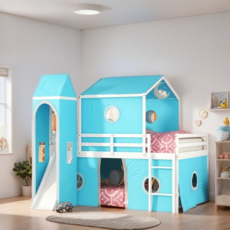 Full Size Castles Shaped Bunk Bed with Slide Solid Wood Kids Cartoon Bed Frame with Tent and Tower for Bedroom Pink Bed Bath Beyond 40200845