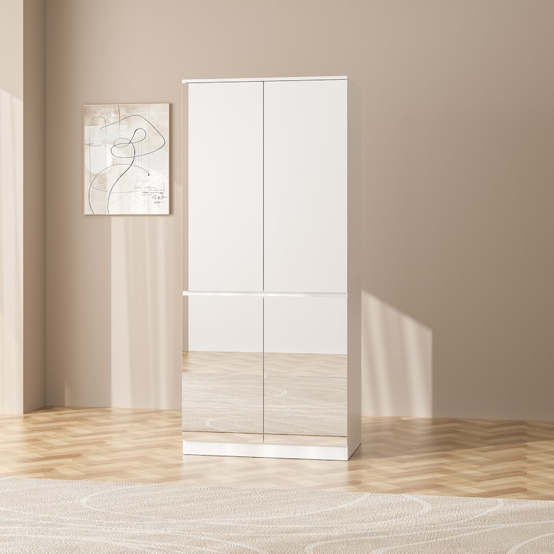 White Large Modular Modern High Gloss Wardrobe Armoire Mirrored Doors - 31.5"