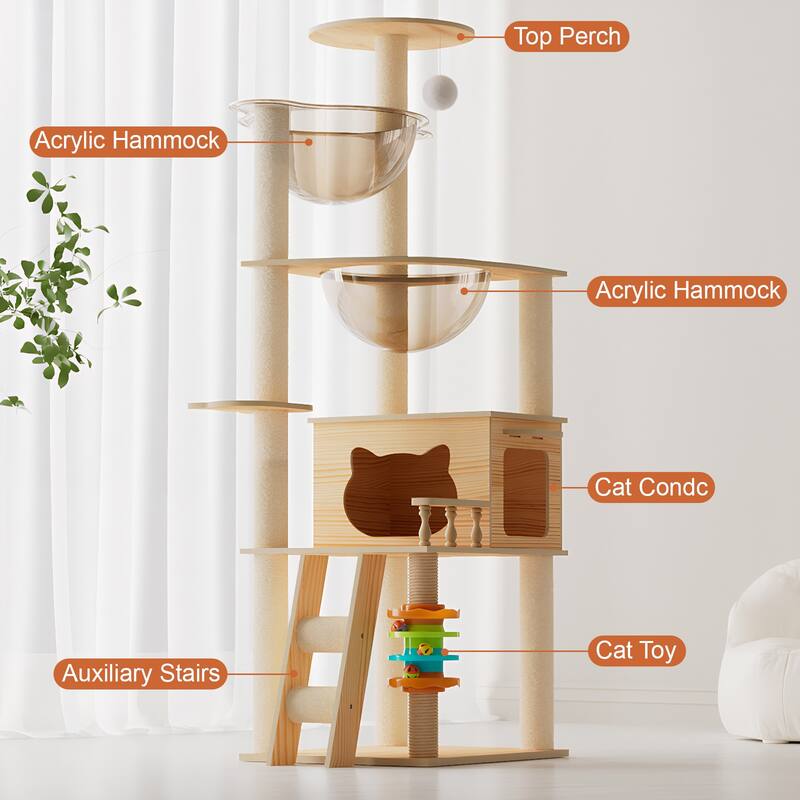 59" Modern Cat Tower, Wood Cat Tree Tower for Indoor Cats, Cat Treewith Sisal-Covered Scratching Posts and Top Perch, Cat Condo