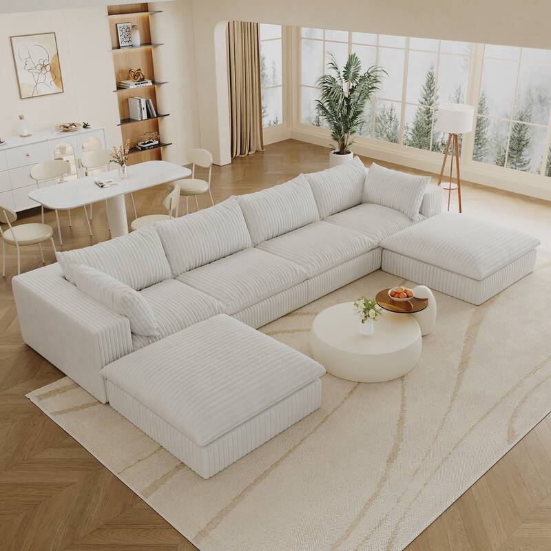 Corduroy Upholstered Deep Seat U-shaped Sectional Sofa with Ottomans and Double-layer Seat Cushions, Large Chaise Lounger Couch