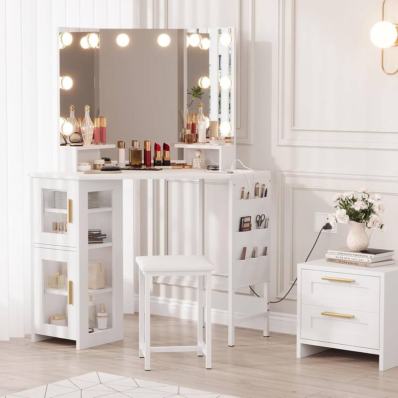 Corner Vanity Desk and Stool, Makeup Dressing Table Set with Light Bulbs Mirror - White