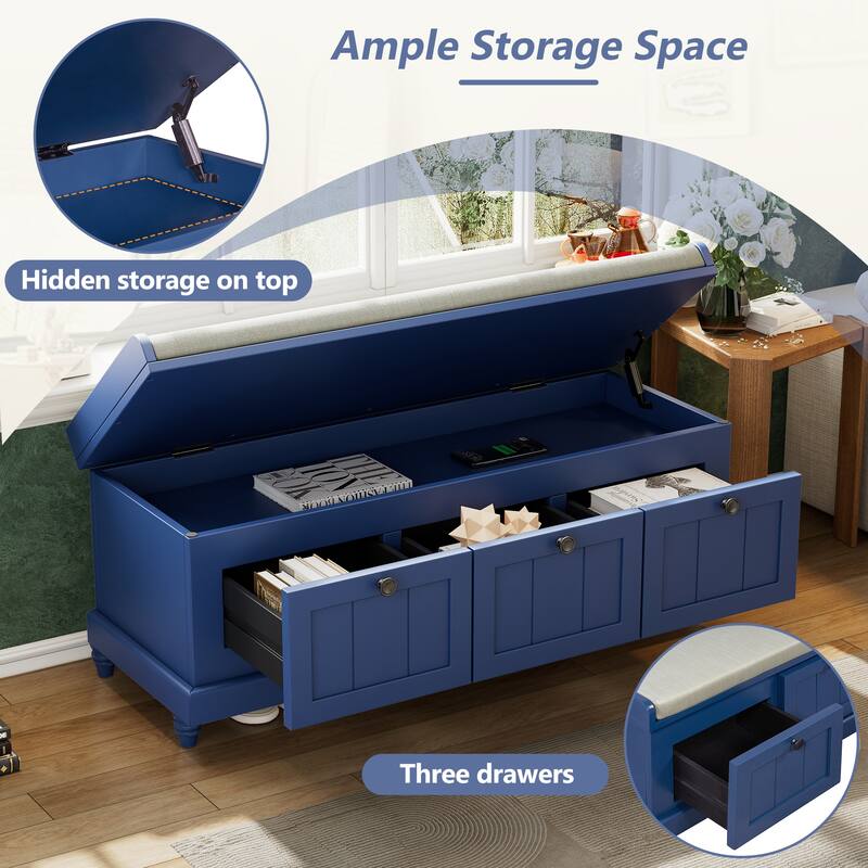 Classic Storage Bench with Cushioned Seat and 3 Drawers