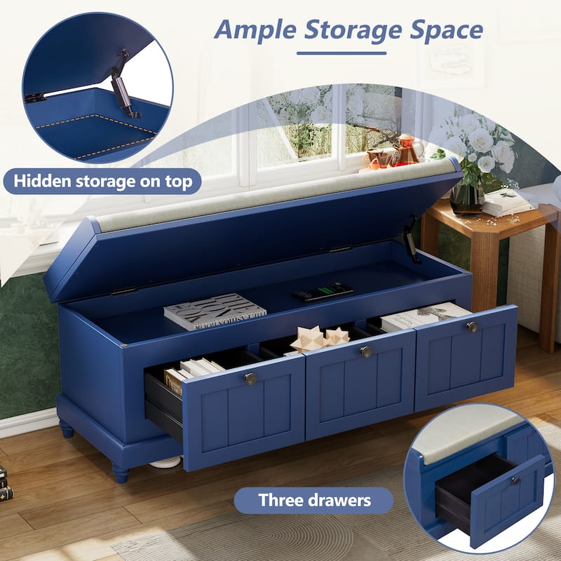 Shoe Bench with Lift Top Cushion Seat & Hidden Space, Entryway Shoe Storage Bench with 3 Drawers, Bedroom End of Bed Bench