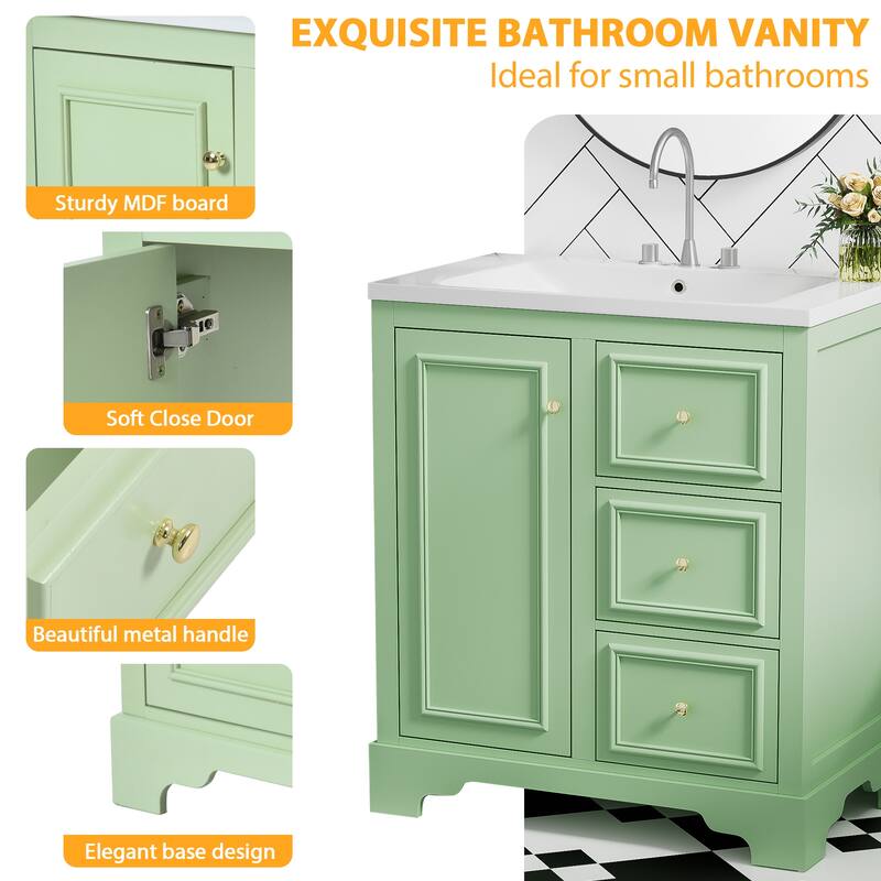 30" Bathroom Vanity with Ceramic Sink, Storage Cabinet and 3 Drawers