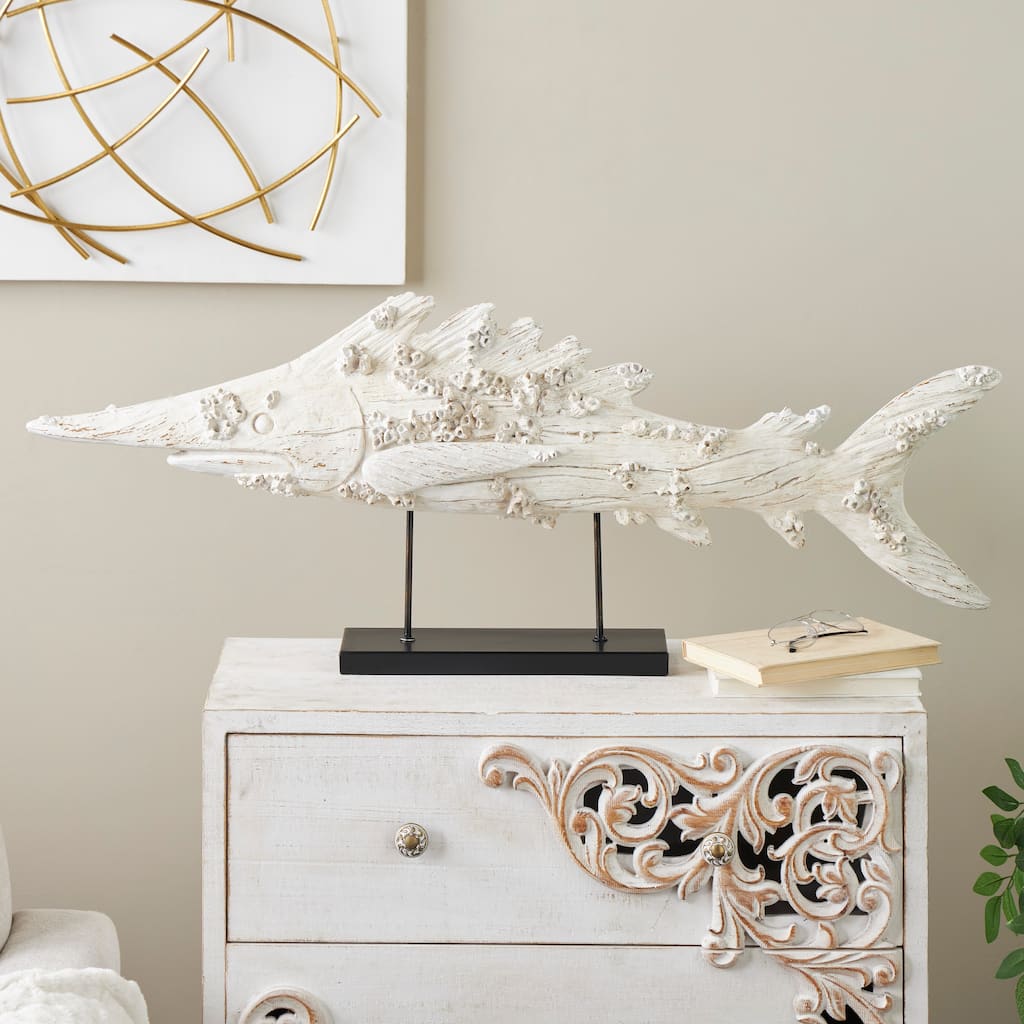 Cream Polystone Textured Fish Decorative Sculpture with Brown Distressing and Black Metal Stand