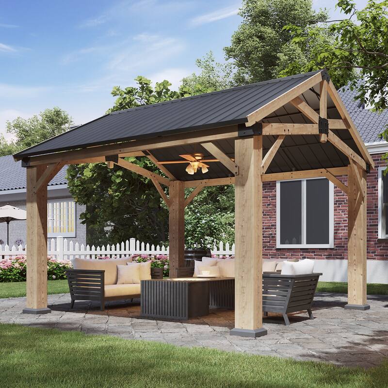 Outdoor Wood Gazebo with Galvanized Steel Gable Roof - 10'x12' - Brown