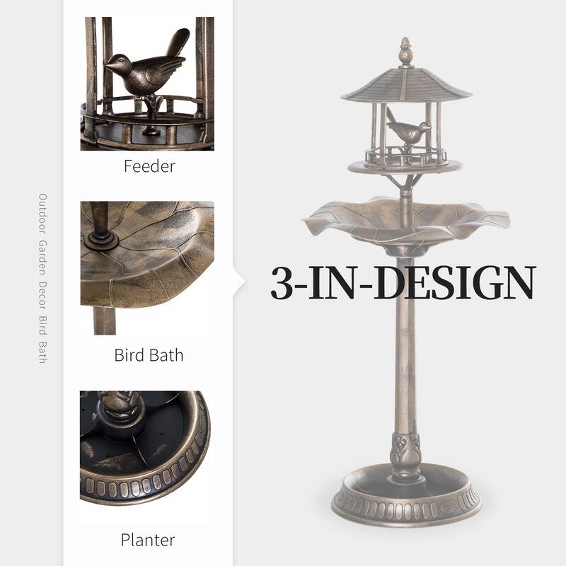 Outsunny 3-in-1 Resin Free Standing Garden Pedestal Bird Bath Bowl Feeder Planter - Bronze