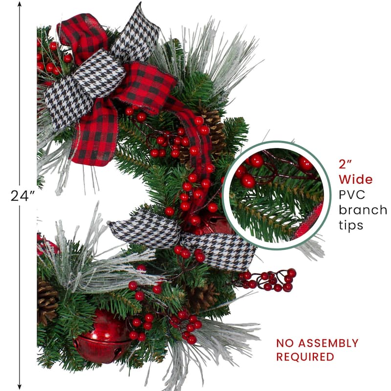 Plaid Houndstooth Red Berries Artificial Christmas Wreath - 24", Unlit
