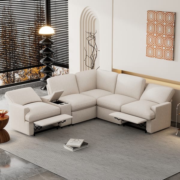 Beige L Shape Corner Sectional Sofa with Power Recliner and Storage - Bed Bath & Beyond