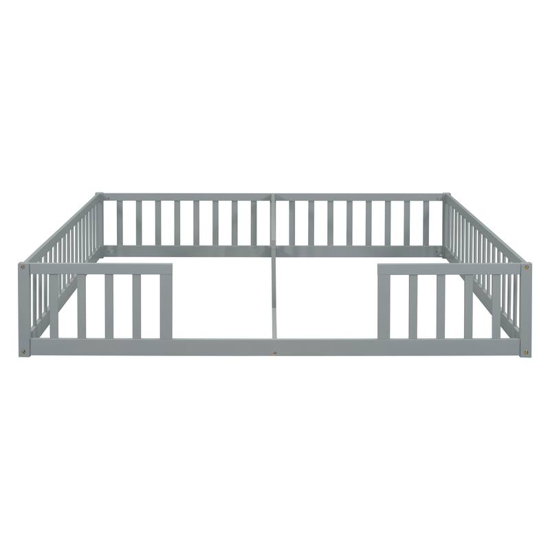 Double Twin Size Pine Wood Floor Bed with Fence, Guardrails, without door