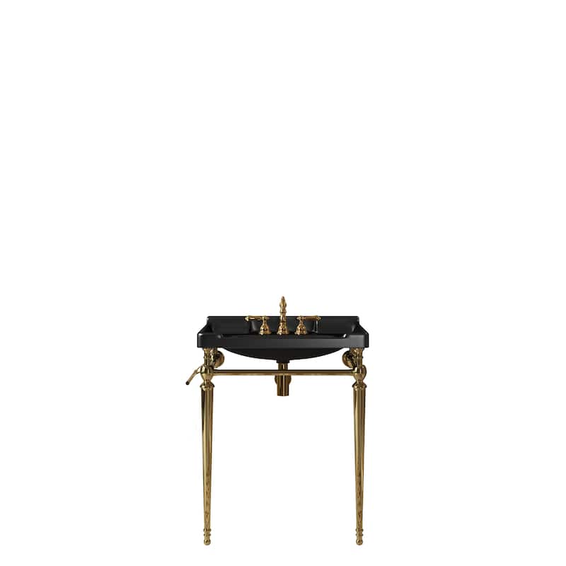 Wall-Mounted Ceramic Vanity Basin with Pre-drilled Faucet Holes, Freestanding Stainless Steel Support Legs with Towel Bar - Black,Gold