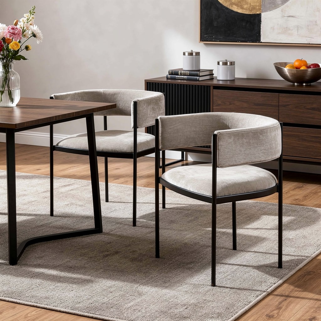 HomeRoots Set of Two Light Gray and Black Fabric and Steel Open Back Dining Arm Chairs - 23.00 in. x 28.00 in. x 20.00 in.