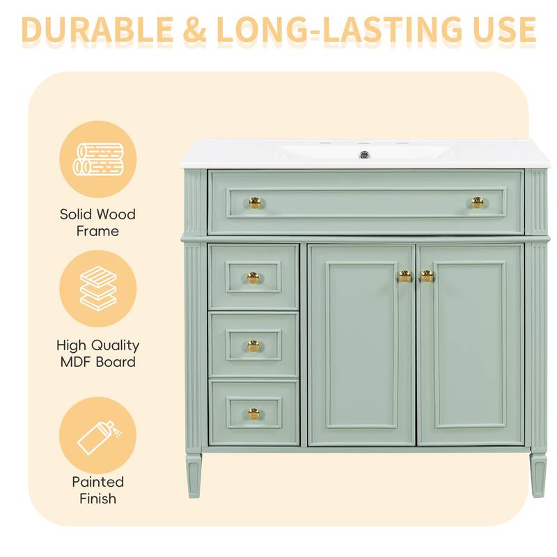 Roomfitters 36" Bathroom Vanity with Sink, Solid Wood Frame, Flip-Out Drawer, 3 Drawers & Soft-Close Doors