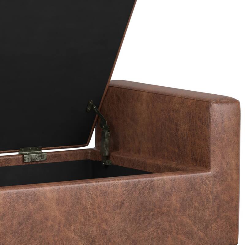 Selah 48 inch Wide Rectangle Storage Ottoman in Distressed Saddle Brown Vegan Faux Leather