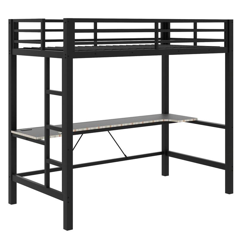 Twin Size Gaming Metal Loft Bed Frame w/ LED Light, USB Charger & Desk