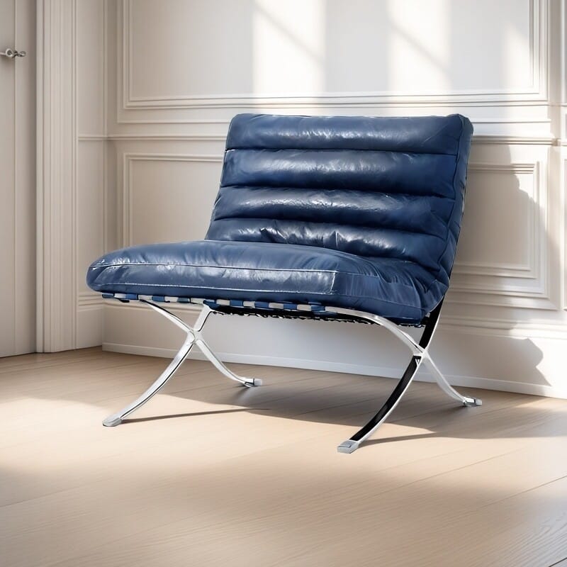 Mid Century Tufted Top Grain Leather Upholstered Lounge Chair