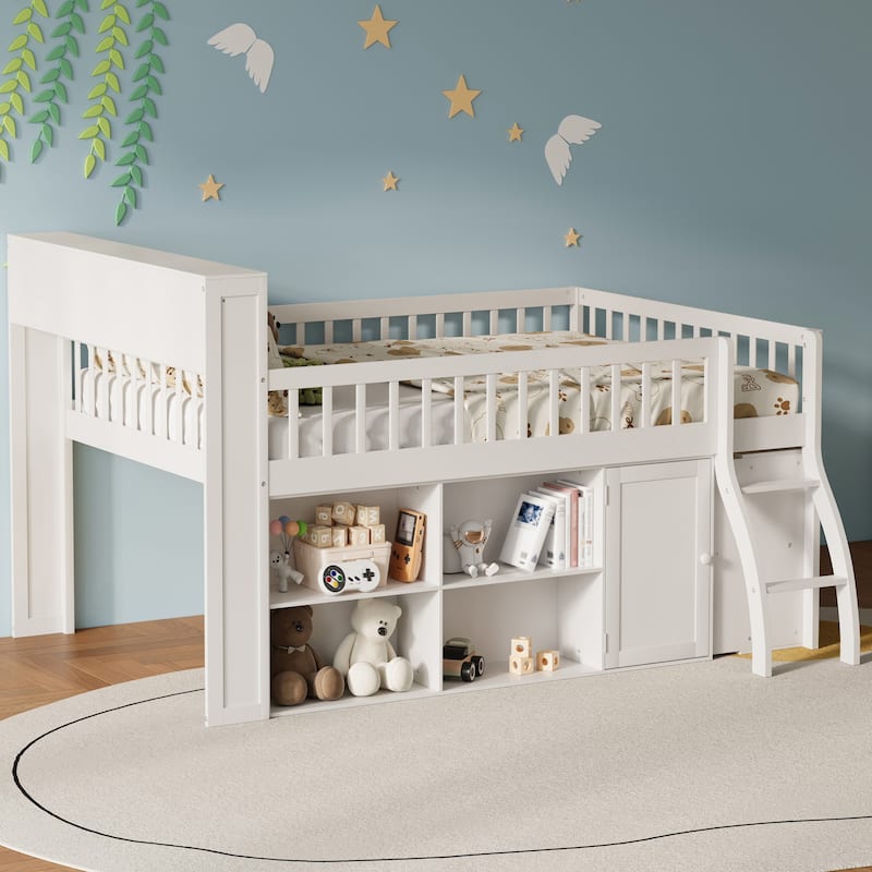 GDFStudio - PureSpace Modern Wooden Loft Bed with Storage and LED Headboard