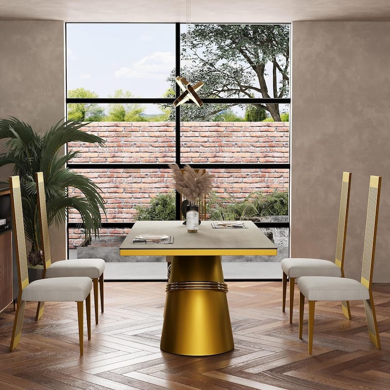 Brushed Gold Dining Table with 78 inch Glass Top and Tapered Barrel Base
