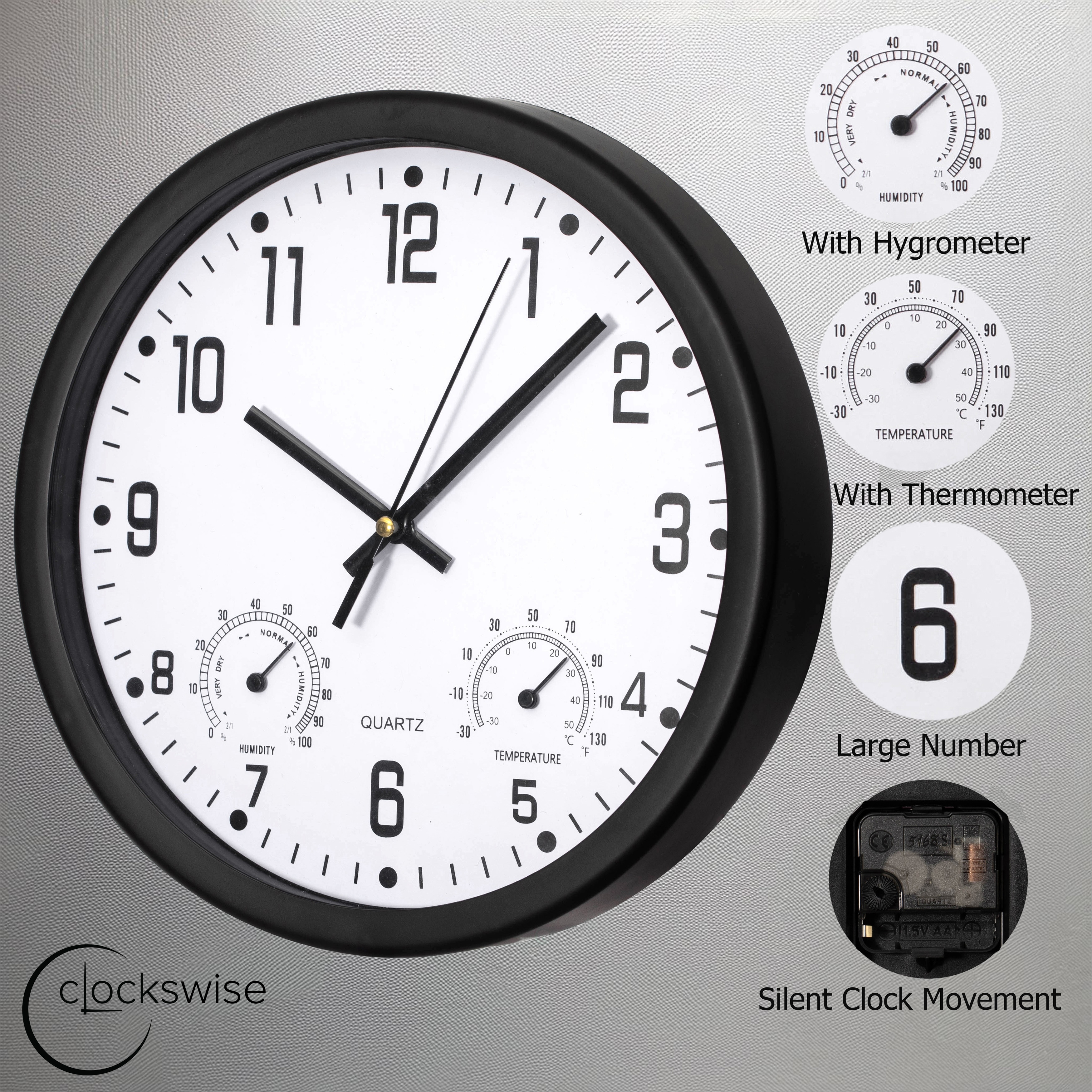 Clockswise Wall Clock with Thermometer and Hygrometer, Non-Ticking