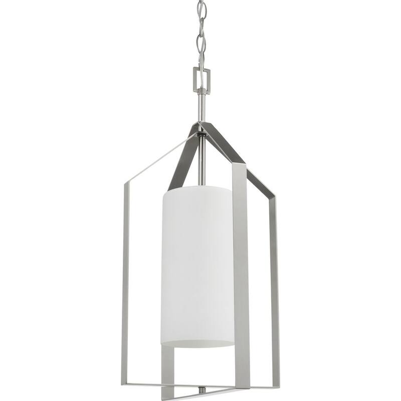 Vertex Collection One-Light Brushed Nickel Etched White Contemporary Foyer Light - 12 in x 12 in x 22.5 in