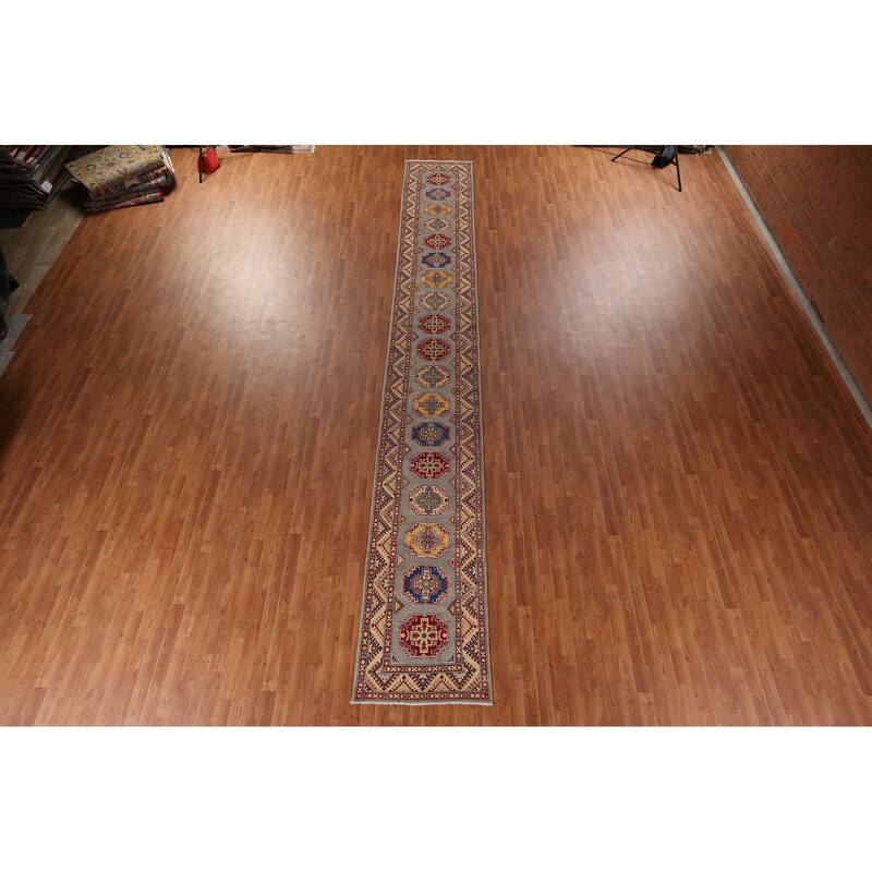 Geometric Kazak Runner Rug Handmade Wool Carpet - 2'7" x 19'4"