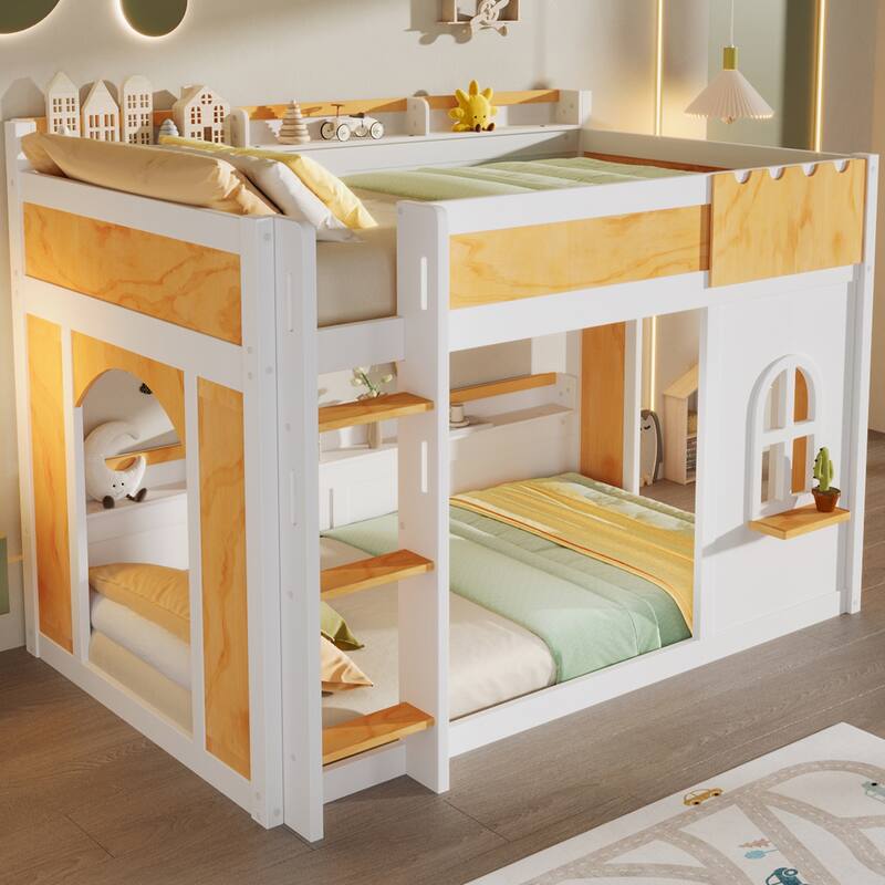 GDFStudio - Wood Bunk Bed with Storage Shelves, Window and Dual Doors