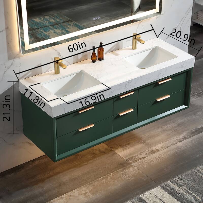 60 Inch Solid Wood Frame Wall-Mounted Bathroom Vanity Set with Double Ceramic Basin
