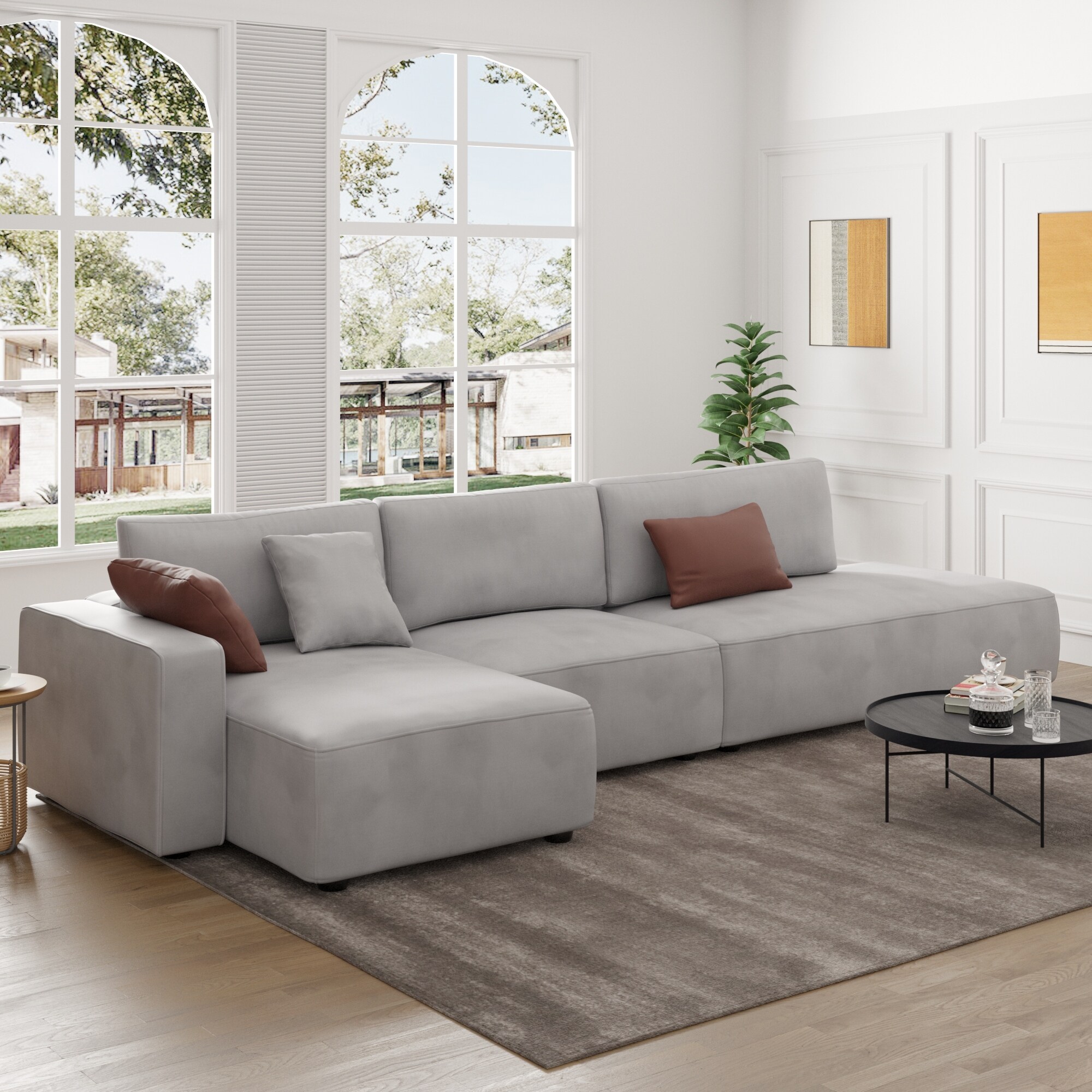 145'' Faux Leather Sofa, Modern Leather Sectional sofa with wood legs