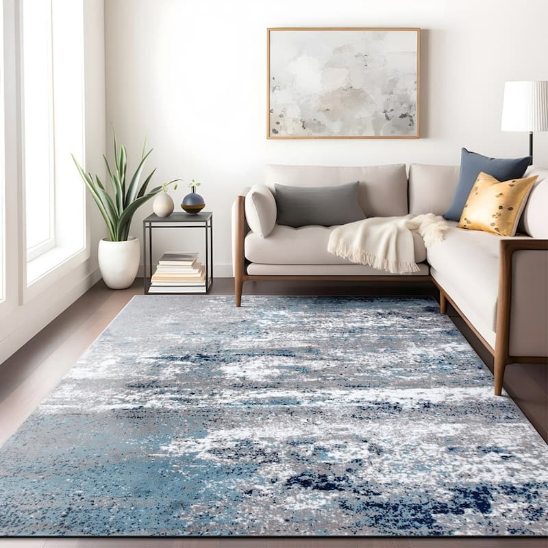 World Rug Gallery Distressed Abstract Watercolor Area Rug - 4' x 6' - Blue