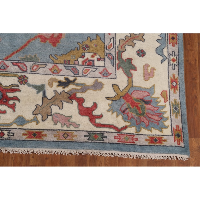 Blue Oushak Area Rug Hand-Knotted Floral Wool Carpet - 8'2" x 10'0"