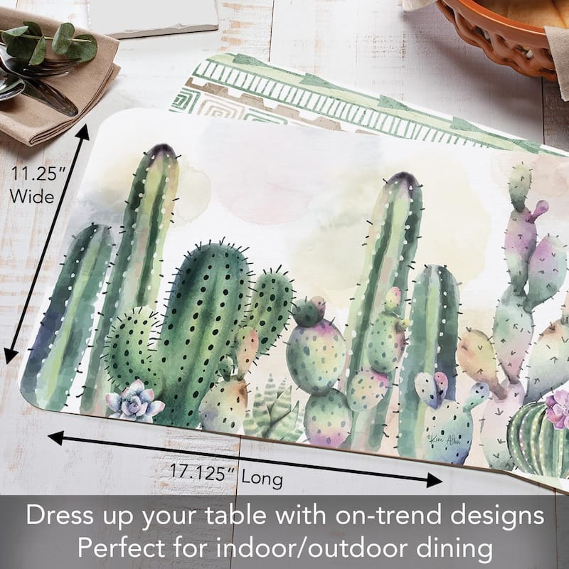 Watercolor Cacti 4 Pack Reversible Easy Care Flexible Plastic Placemats Made in The USA BPA Free Easily Wipes Clean