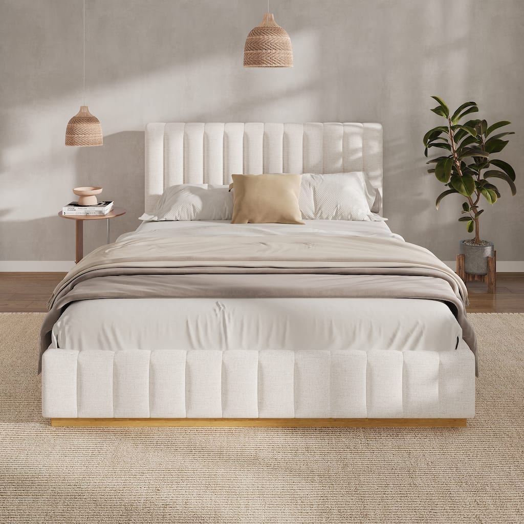 King/Queen Size Bed Frame with Linen Upholstered Headboard and Solid Wood Base, No Box Spring Needed Platform Bed