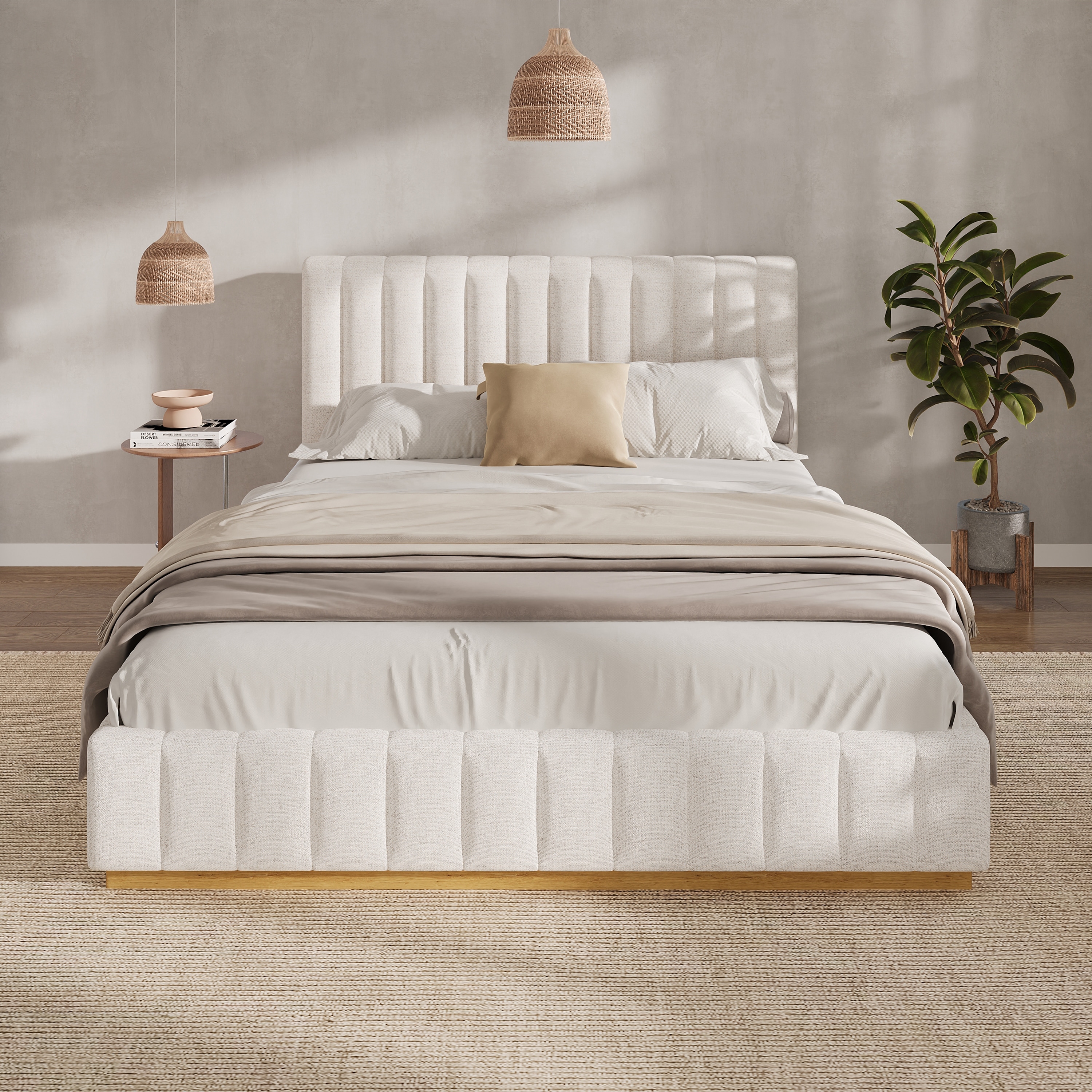 King/Queen Size Bed Frame with Linen Upholstered Headboard and Solid Wood Base, No Box Spring Needed Platform Bed