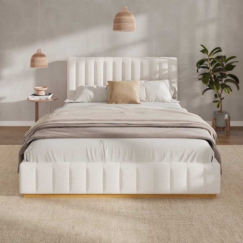 Upholstered Bed Frame Linen Fabric Platform Bed with 46''H Thick Headboard/Solid Wood Base/No Box Spring Needed/Noise Free/Beige
