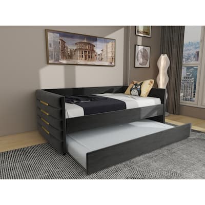 Modern Twin Daybed with Trundle – Upholstered Black Velvet Sofa Bed Featuring Gold Accents, Space-Saving Sleeper.