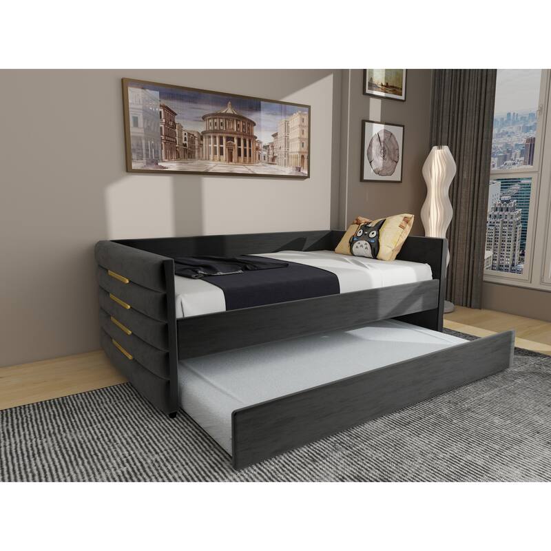 Modern Twin Size Daybed with Trundle, Upholstered Black Velvet Sofa Bed Frame with Gold Accents, Space-Saving Guest Bed