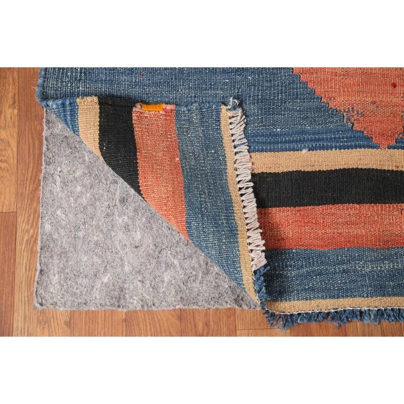 Blue Geometric Kilim Qashqai Persian Area Rug Flatweave Wool Carpet - 3'10" x 8'2"
