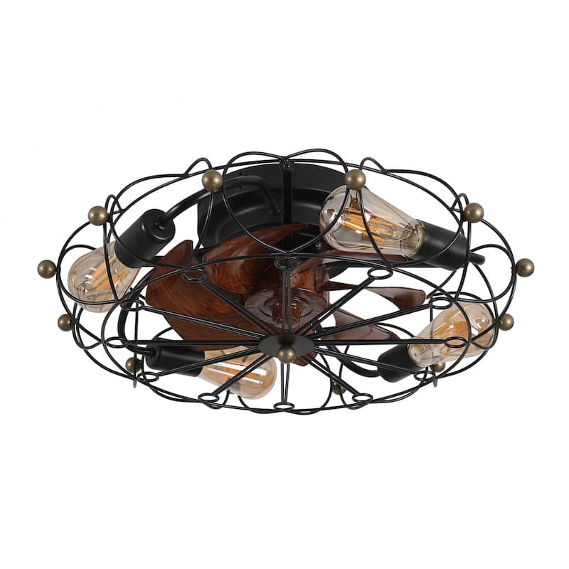 Modern Flush Mount Ceiling Fan Light with Light and Remote Control, Cage Design for Bedroom and Living Room