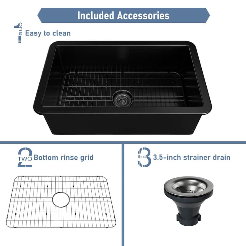 CASAINC Undermount Single Bowl Fireclay Kitchen Sink with Bottom Grid and Strainer, cUPC Certified