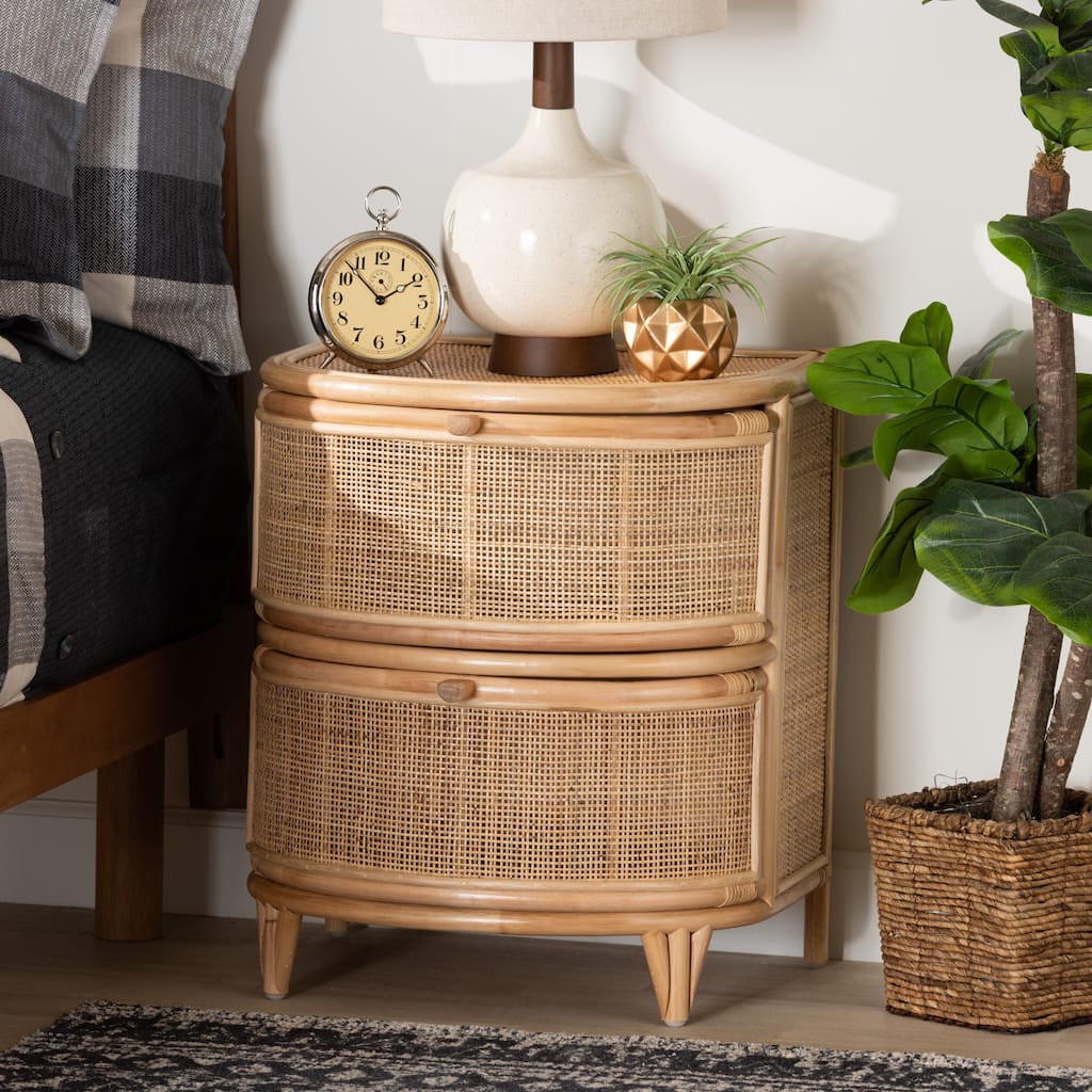 Oleta Modern Bohemian Natural Brown Rattan 2-Drawer Nightstand