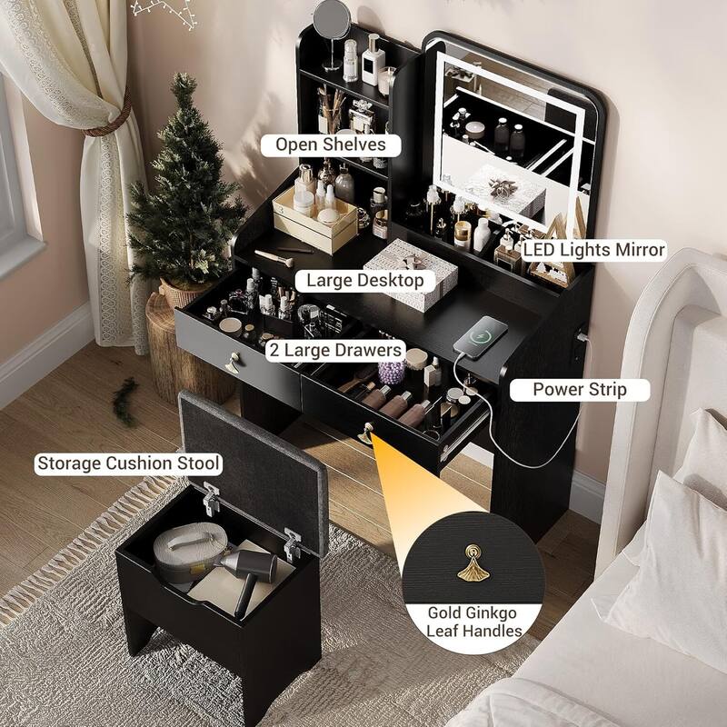 2 Drawers Makeup Vanity Table with LED Light Mirror and Charging Station
