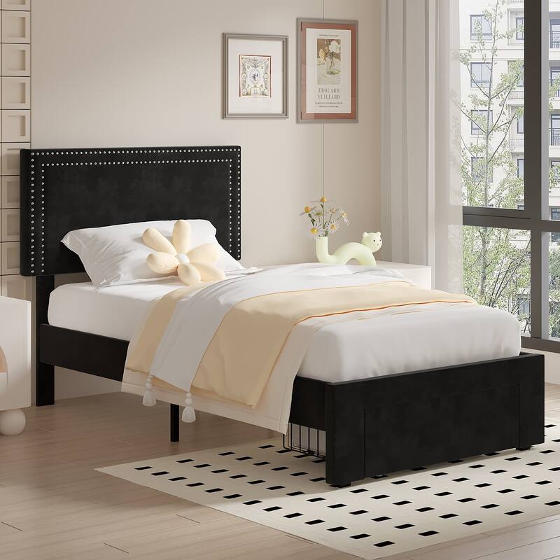 VECELO Set of 2 Twin Beds with Rolling Underbed Drawer Height Adjustable Headboard Rivet-Trimmed Headboard Twin Beds