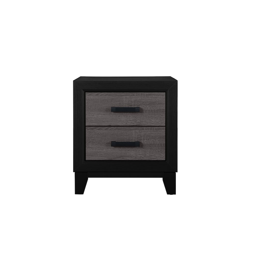 Grey and Black Nightstand with Rustic Wood Inlay and Sleek Metal Hardware