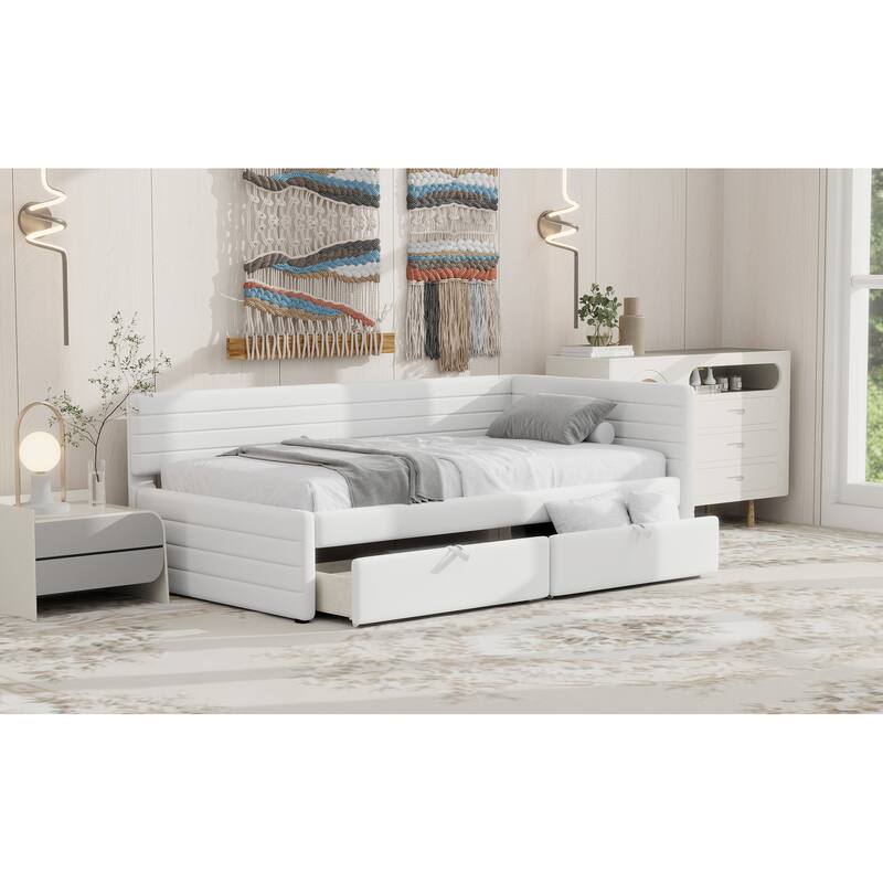 Twin Size Upholstered Daybed with Roll-Out Trundle, Space-Saving Wooden Frame, No Box Spring Needed