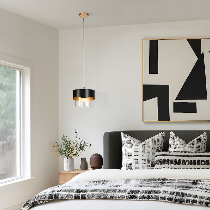 Modern Industry 1-Light Black and Gold Cylindrical Chandelier Island Lighting Pendant Light for Dining Room - 9.9" × 8.9"