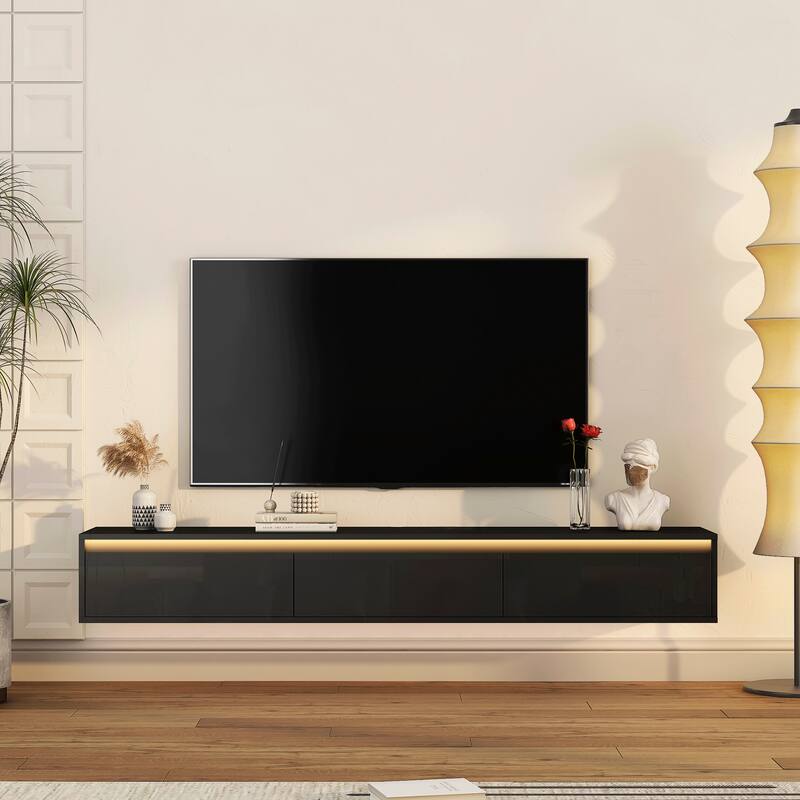 Floating TV Stand, Wall Mounted TV Shelf with LED Lights & Power Outlet, High Gloss TV Cabinet for Black TV Stands.